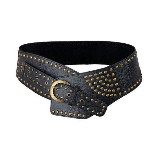 Metal Rivet Asymmetric Faux Leather Wide Waist Belt Adjustable Corset Belt Women - Picture 11 of 12