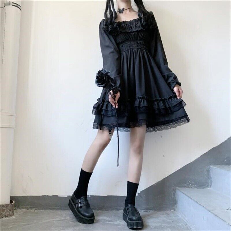 Lolita Princess Dress High Waist Puff Sleeve Gothic Black Dress Lace Ruffles UK