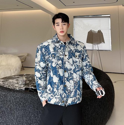 Men's Frock Denim Jacket Floral Lapel Long Sleeve Single Breasted Casual Tops  - Bild 3 von 6