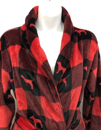 Victorias Secret Sz XS/S PINK Buffalo Red/Blk Plaid Minky Fleece Women Dog Robe - Picture 2 of 6