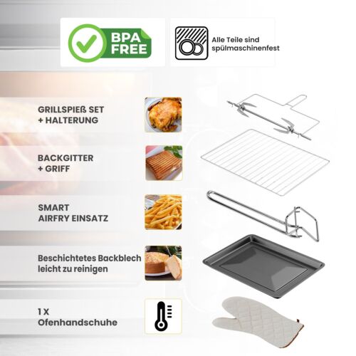 Minibackofen Drehspieß AirFryer 45L/2000W Edelstahl Griff Mini Ofen Pizzaofen - Bild 6 von 8