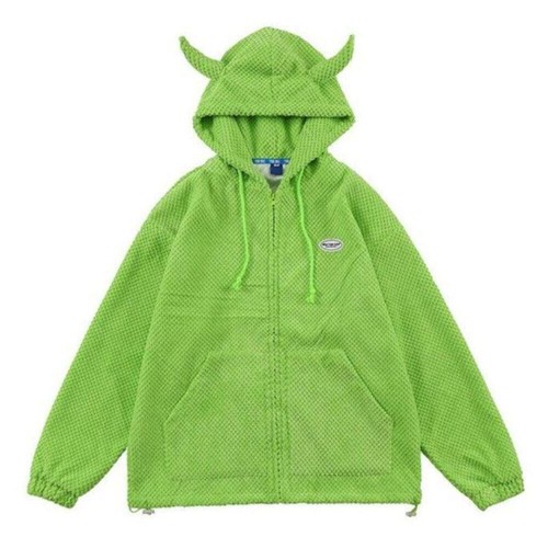 Devil Horn Popcorn Texture Flannel Jacket Hooded Women's Jacket Lightweight Goth - Picture 24 of 36