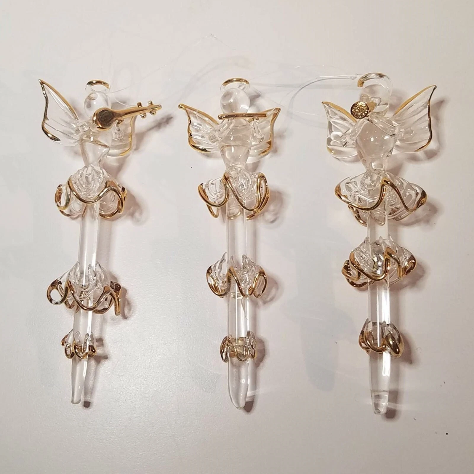 Set of 3  Glass  Clear  Hand Blown Christmas Herald Angel Christmas Ornament  5"