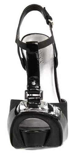 GUESS Kringa Black Logo Denim/Leather T-Strap Platform Peep-toe Heels, 8.5M - Picture 2 of 6