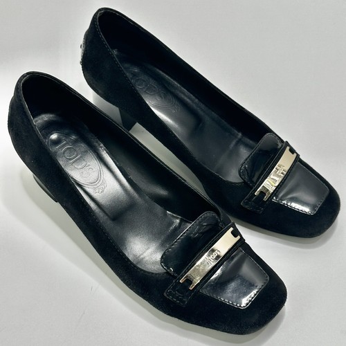 TODS Black Suede Pumps Heels Gold Buckles Shoes Womens US Size 8.5, EU 39, UK 6 - Picture 2 of 10