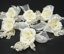 6 Wedding Bridesmaid Flower Corsage Suit BOUTONNIERE Ivory Migajon Rose Bridal