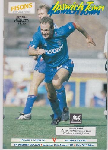 Ipswich Town v Aston Villa. Programme with Match Ticket. Ref: R3O 7014 GD (1)c