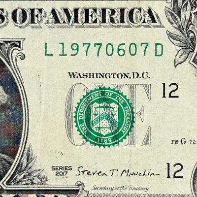 1977 June 7th or 6th of July Birthday Dollar Bill Fancy Serial Number ...
