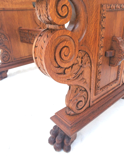Antique 1930s Ornately Carved Oak Renaissance Revival Draw Leaf Dining Table - Picture 9 of 23
