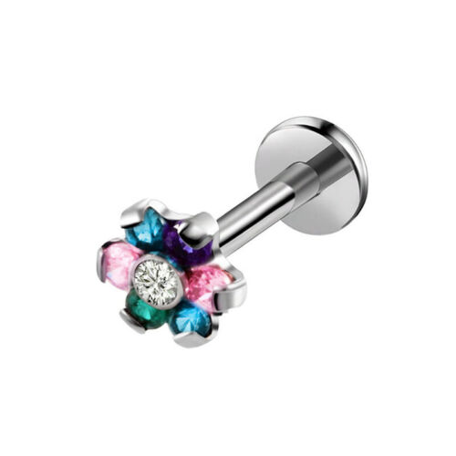 Multi Bar Length Flower Zircon Labret Internal Thread Bar Ring Ear Stud Piercing - Picture 10 of 10