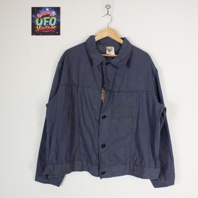 Vintage französische Arbeitskleidung Jacke Herren 2XL blau Twill lässig Kragen Knopf Utility