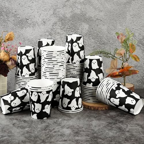 100 Stück Halloween Geist Pappbecher Geist gruselig Party Tassen schwarz weiß Boo 9oz  - Bild 4 von 8