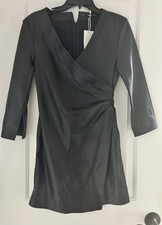 Mango Brand- Women Size S Dress Long Sleeve V Neck Knee Length- Leather Black