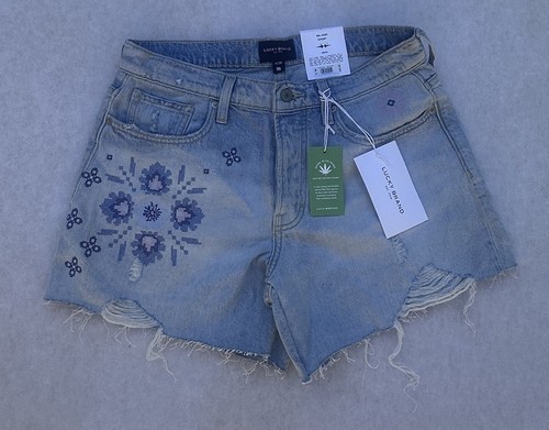Lucky Brand Womens Blue Embroidered Distressed 90's Midi Cut Off Short Size 6/28