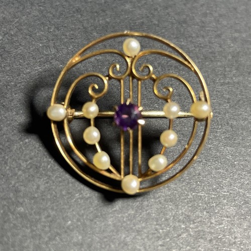 Lila Amethyst Perle Art Deco Brosche 14 Karat Gelbgold Anstecknadel 3,1 g - Bild 10 von 12