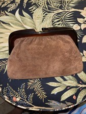Vintage 1970s Italian Suede Genuine Leather Clutch Purse W Amber Lucite Frame