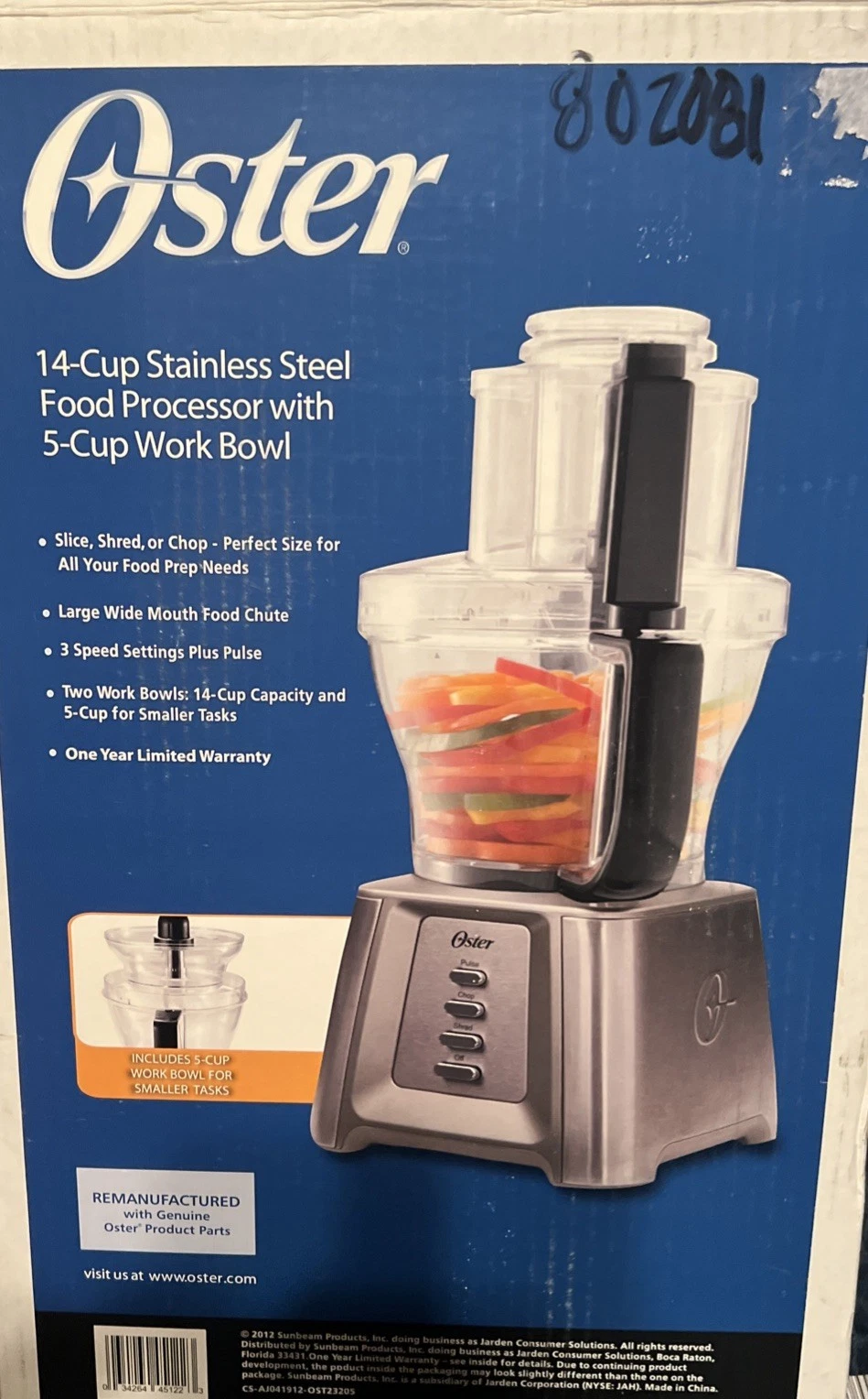 Oster 14 Cup Stainless Steel Food Processor W/ 5 Cup Work Bowl Tested