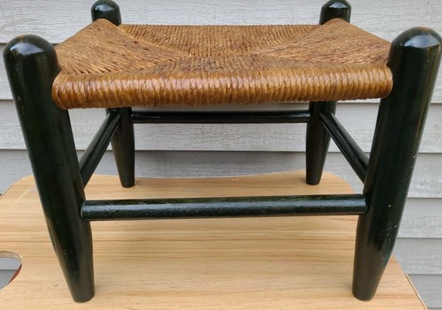 Vintage Woven Rope Rush Twine Wood Foot Stool Rustic Oak Country 14"x14"x10 (e7) - Picture 18 of 20