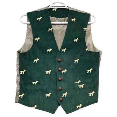 Orvis Vest Men 42R Green Corduroy dog embroidered pets art fun hunting Waistcoat