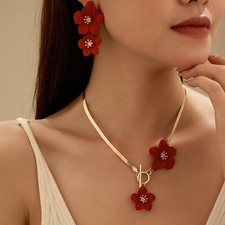 Women's Fashion Elegant Red Flower Pendant Necklace Earring Jewelry Set Alloy