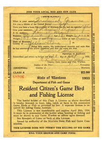 VINTAGE 1933 MONTANA RESIDENT CITIZEN'S GAME BIRD AND FISHING LICENSE
