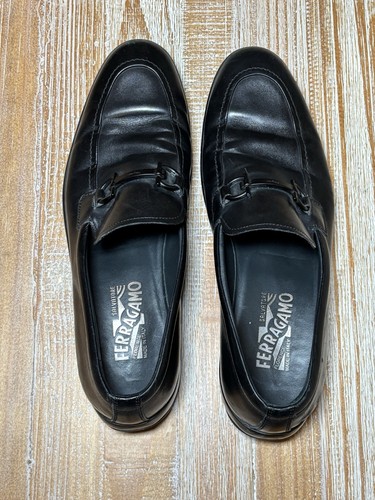 Salvatore Ferragamo Mens Black On Black Leather Loafers Shoes Slip-On Size 10.5D