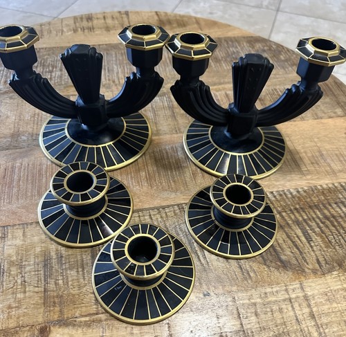Vintage Art Deco Revival Schwarz & Gold Kerzenständer Set - 5 Stück (80er Jahre Stil) - Bild 2 von 11