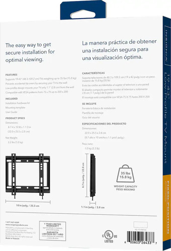 Insignia NS-HTVMFAB Fixed TV Wall Mount for Most 19" - 43" TVs - Picture 2 of 4