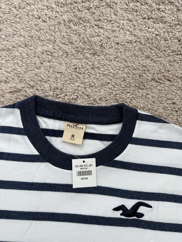 Nuova maglietta girocollo Hollister Y2K uomo HCO classica logo gabbiano blu navy/bianco taglia M - Foto 3 di 8