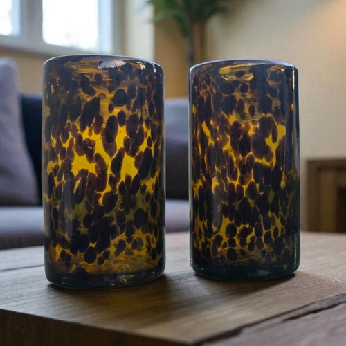 2 Brown Tortoise Shell Recycled Heavy Handcrafted Glass Tumblers Set Mexico NEW - Picture 8 of 24