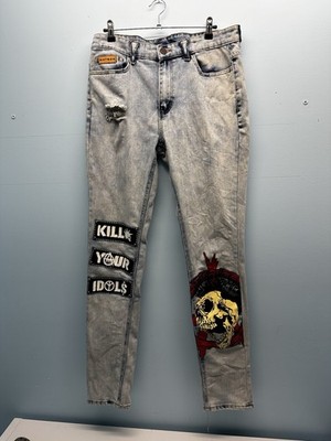 Men s Watson Blue Denim Distressed Graphic Streetwear Skull Skinny Jeans Size 32