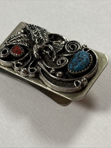 Vintage  Native  American Navajo  Nickel Silver Turquoise Coral Money Clip. - Bild 12 von 13