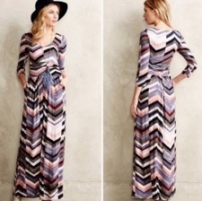 Anthropologie Maeve Novella Chevron Jersey Maxi Dress Pockets 3/4 Sleeves Sz XS