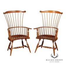 Quality Vintage Pair of Mixed Woods Windsor Armchairs