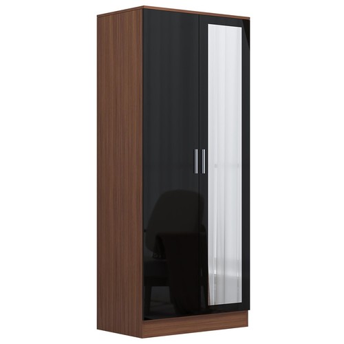 REFLECT 2 Door Mirror Wardrobe - Black Gloss Fronts / Walnut Matt Carcass - Picture 5 of 10