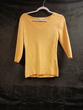 Liz Claiborne Sweater Top Medium Yellow Ribbed Knit V Neck Shirt 3/4 Sleeve