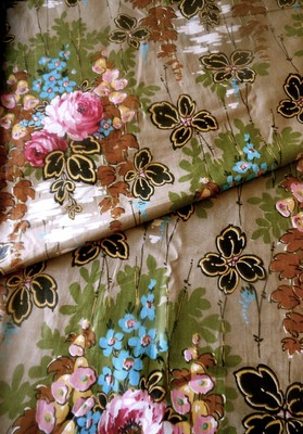 Antique Floral Roses Bird Cotton Fabric ~ Pink Olive Gray Blue Gold ~1920 //1930