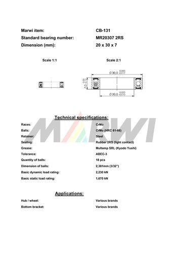 MR20307 2RS Cartridge Bearing 20x30x7 | CB-131 Marwi UNION - Picture 3 of 3