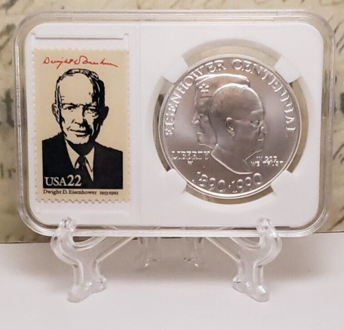 1990-W Eisenhower Commemorative Silver Dollar with Vintage Stamps - Nice! W14 - Picture 6 of 12