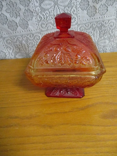 Vintage Jeanette Amberina Candy Dish Compote Carnival Glass Acorn Pattern