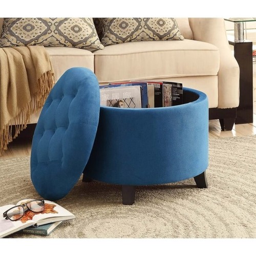 Designs4Comfort Round Ottoman in Light Blue Corduroy Finish with Wood Legs