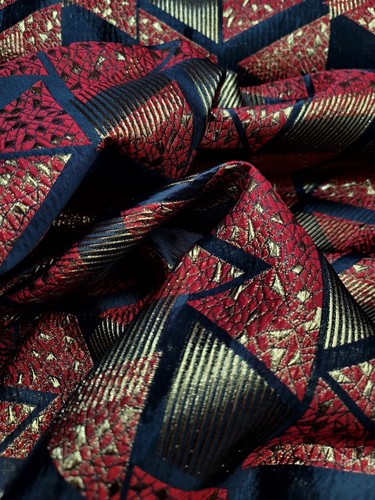 Red Gold Metallic Brocade Fabric Sold By The Yard Black Geometric Triangle - Picture 6 of 12