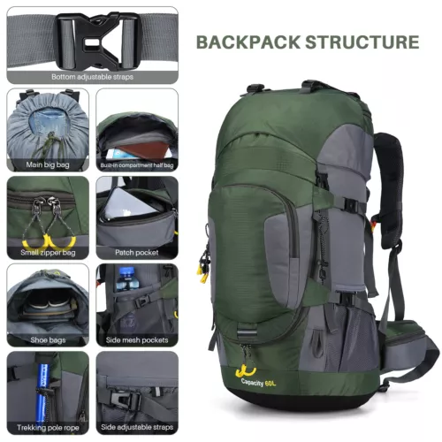 Wasserdichter Rucksack 60L großes Fassungsvermögen Tornister Tasche für Camping Wandern Reisen - Bild 17 von 56