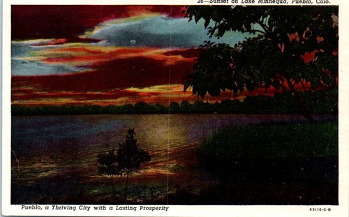 1950s Vtg CO Postcard Sunset Lake Minnequa Pueblo Thriving City Prosperity  - Picture 1 of 2