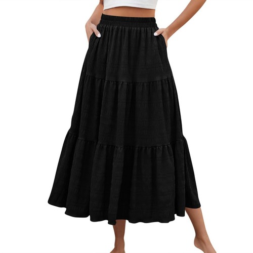 Women's Boho Skirt Summer A-Line Elastic Waist Tiered Long Skirt with Pockets - Picture 14 of 39