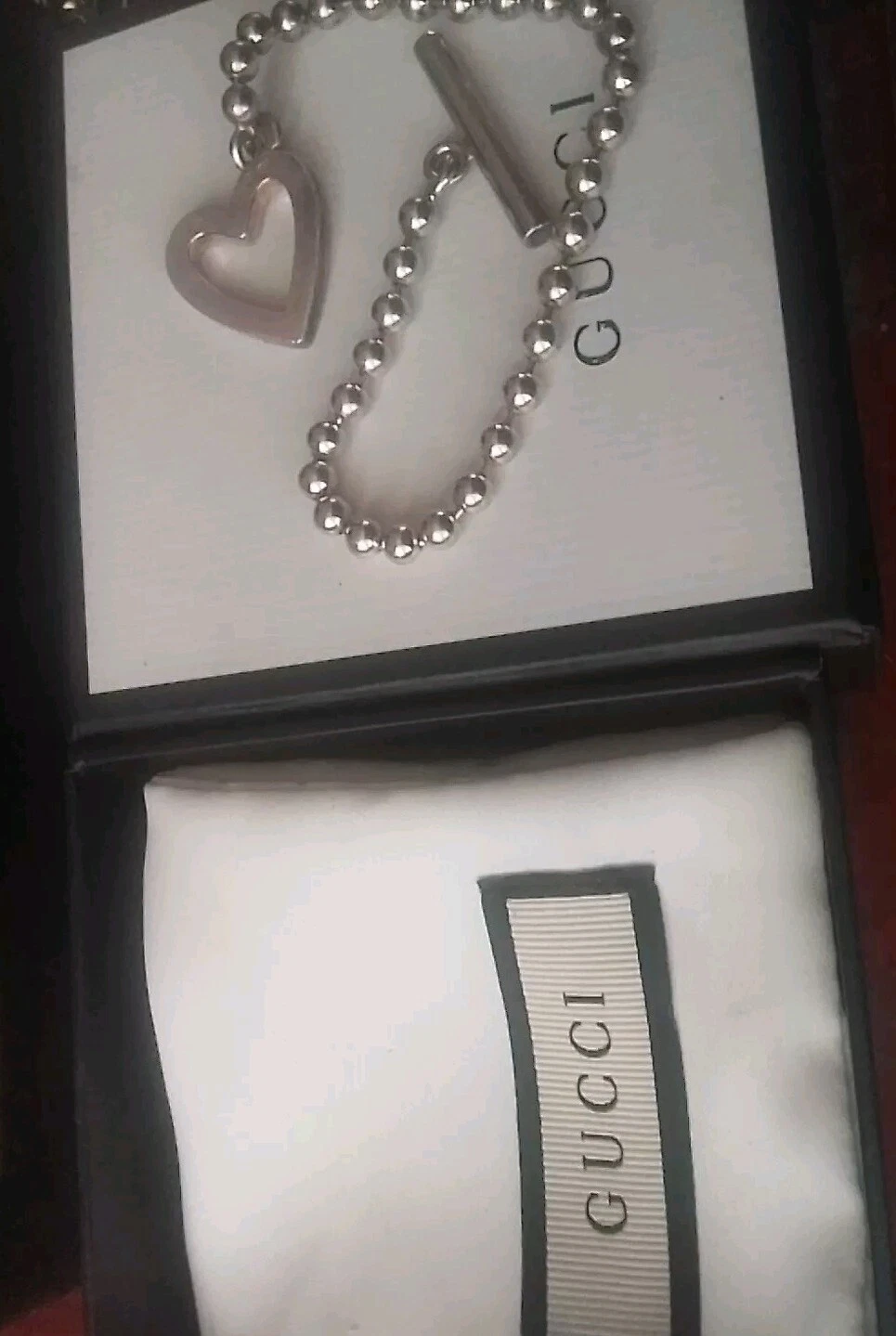 BRACCIALE GUCCI STERLING 925 CUORE BOULE T BAR PERLINE 19 cm