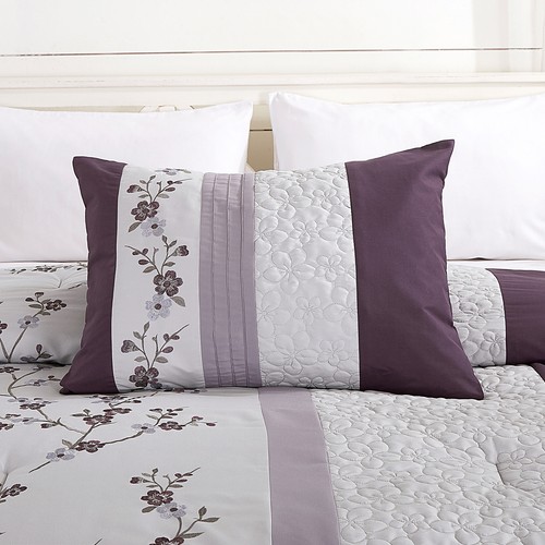 7-Piece Purple Pleated Stripe Embroidered Floral Cherry Blossom Comforter Set - Picture 3 of 6