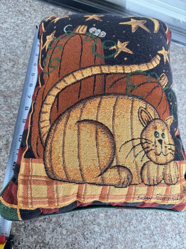 Susan Fouts Kline Fall Harvest Tapestry Pillow Cat Pumpkin Black Orange Stars - Picture 10 of 24