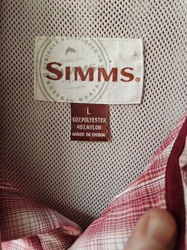 Simms Pearl Snap Shirt Men's Large Burgundy Plaid Vented Fishing Shirt W Patch * - Picture 2 of 11