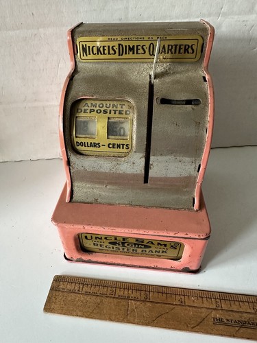 Vintage Tin Uncle Sam’s 3 Coin Register Bank Rare Pink & Chrome Color - Picture 1 of 6